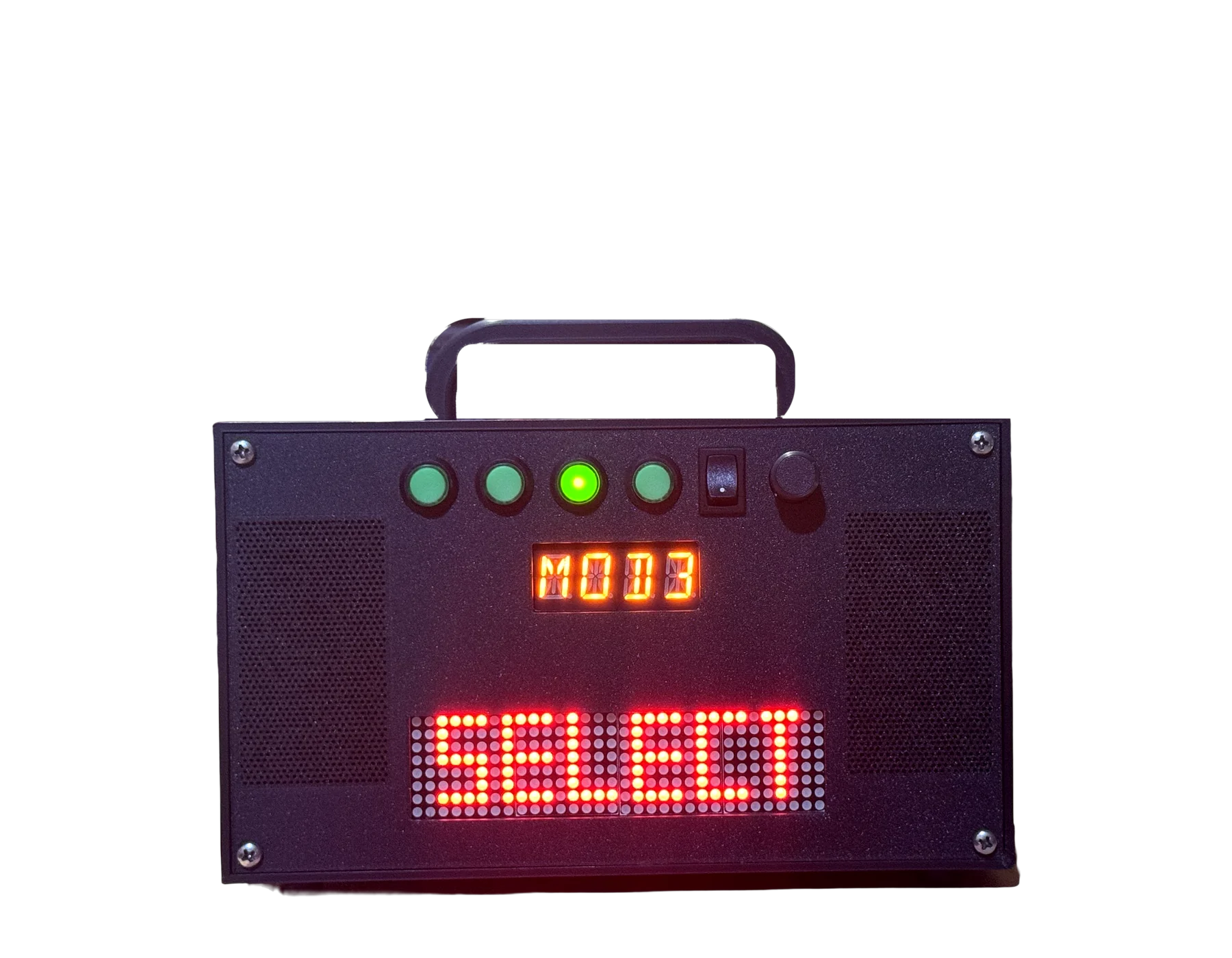 The timer on, showing MOD3 on the 14-segment display and SELECT on the LED matrix