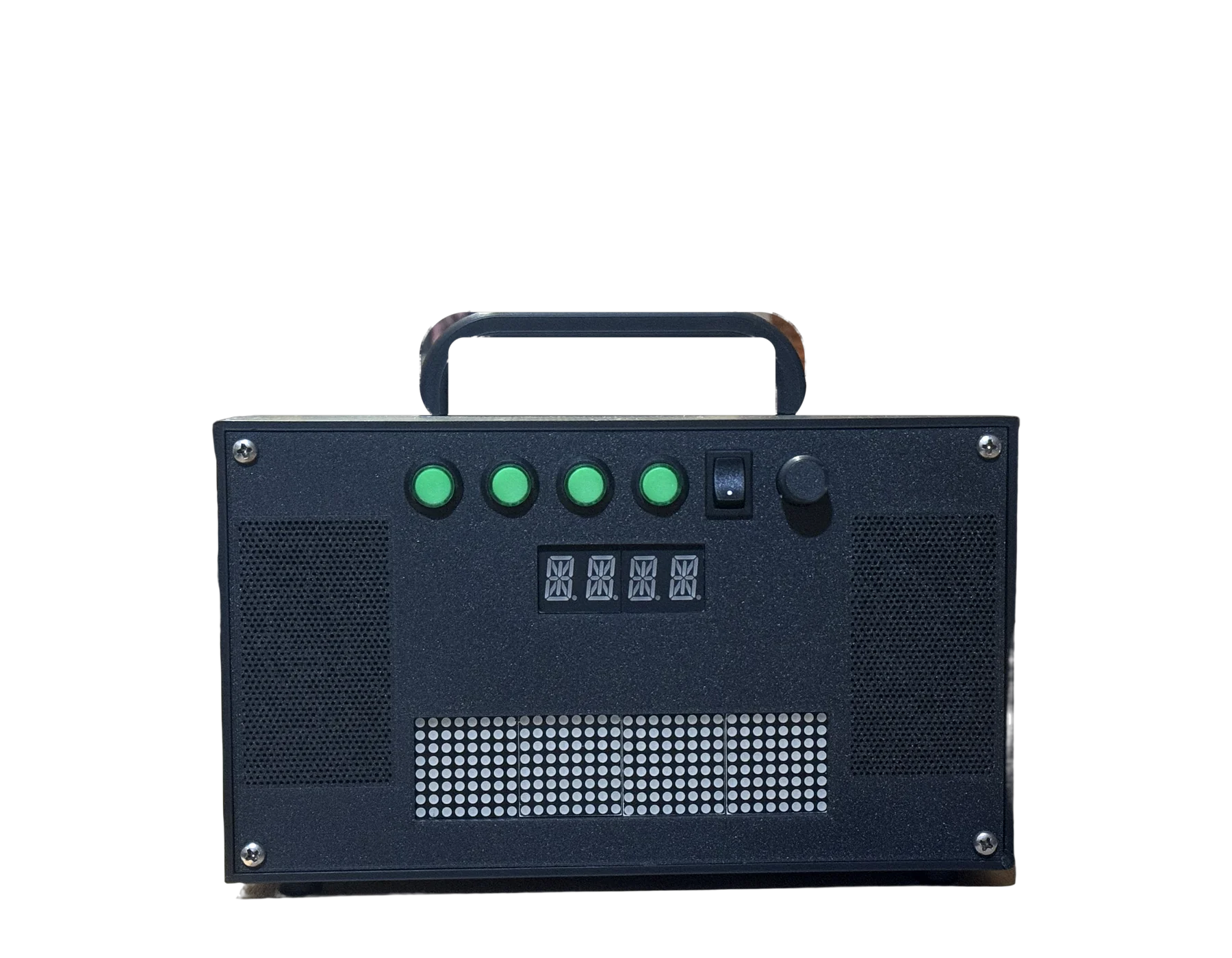The interval timer switched off: black 3D-printed case with a carry handle, four green buttons, a switch, a knob, a 14-segment display and an LED matrix
